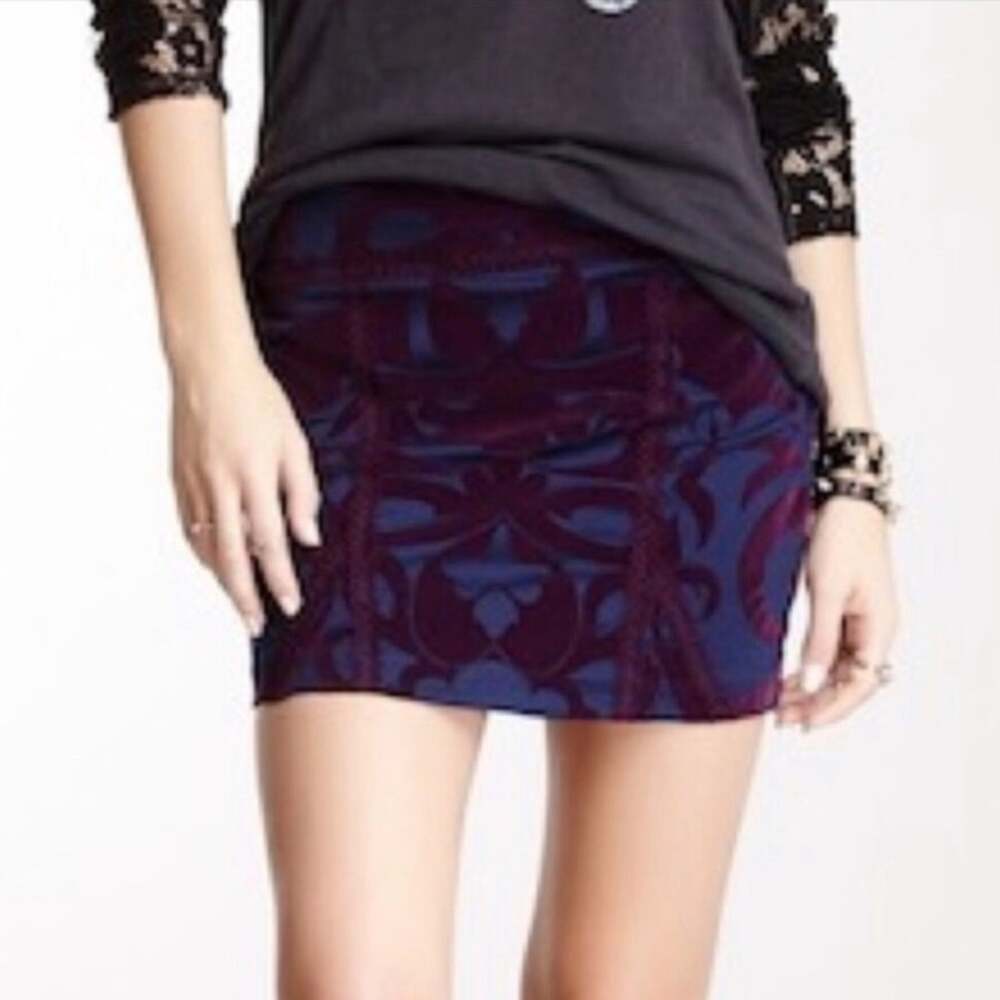 NWT Free People Going For Baroque Mini Skirt - Blue + Burgundy - Size S